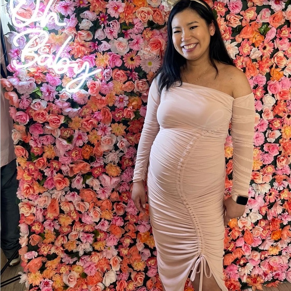 Club L London Blush Pink Off-Shoulder Ruched Maternity Dress